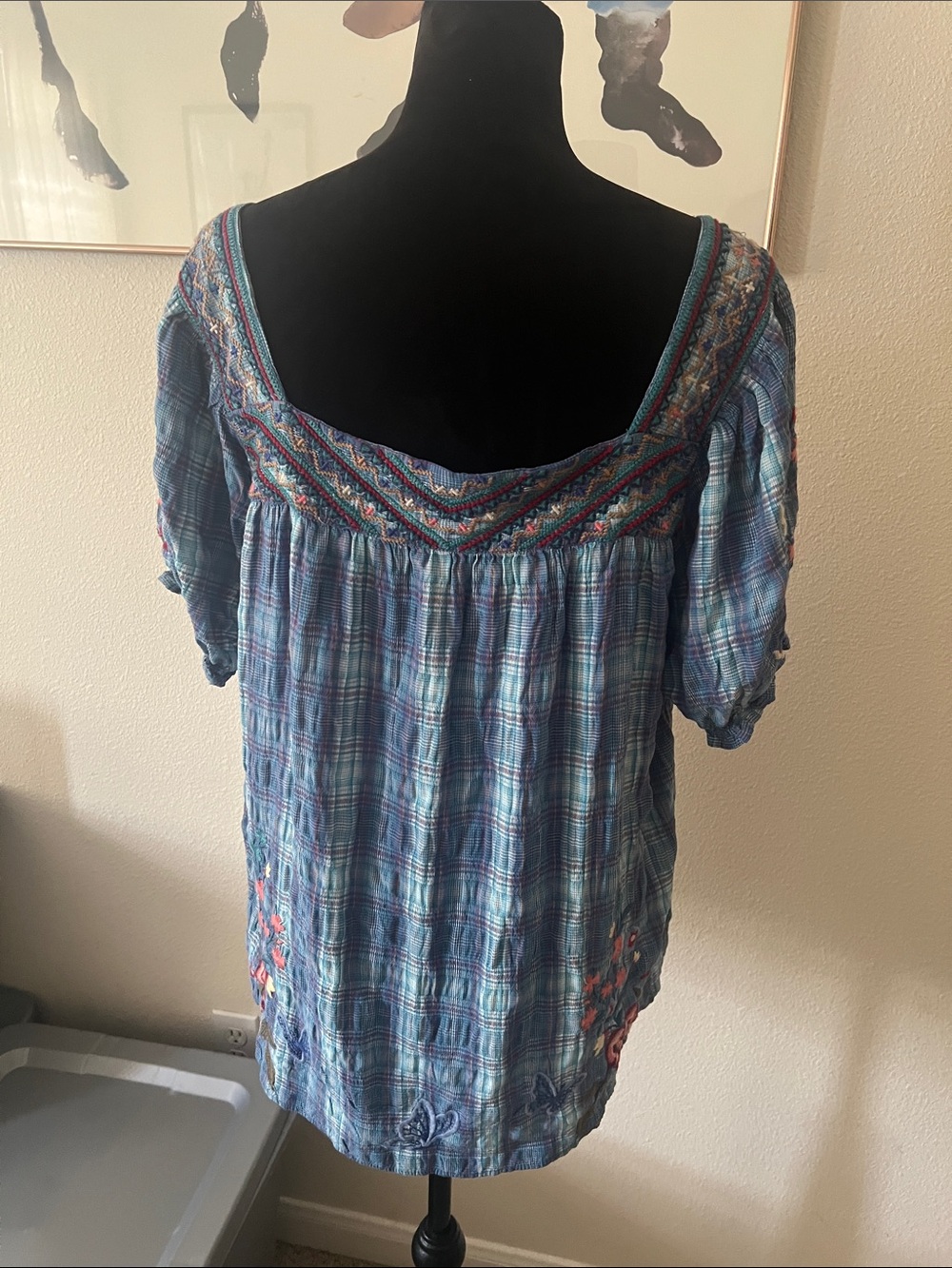 JOHNNY WAS Blue Plaid Embroidered Aimee Puff Sleeve Peasant Top Women's LARGE - Picture 6 of 8